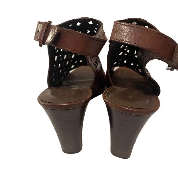 Franco Sarto Brown Leather Laser Cut Open Toe Wedges w/ Adjustable Ankle Strap - Picture 3 of 6